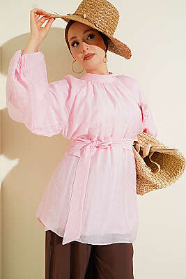 Gül Broşlu Kendinden Kuşaklı Tunik Pembe - WENNA DESIGN