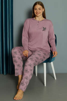 Gül Desen Viskon Büyük Beden Pijama Takımı Magenta 