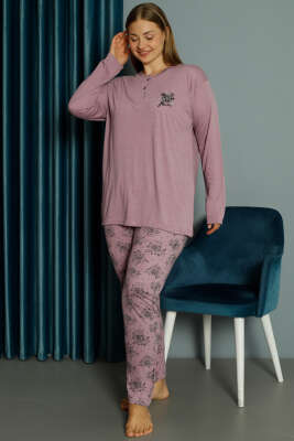 Gül Desen Viskon Büyük Beden Pijama Takımı Magenta - Kadın Pijama Takımı