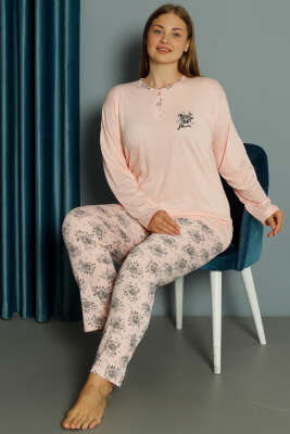 Gül Desen Viskon Büyük Beden Pijama Takımı Somon - Kadın Pijama Takımı