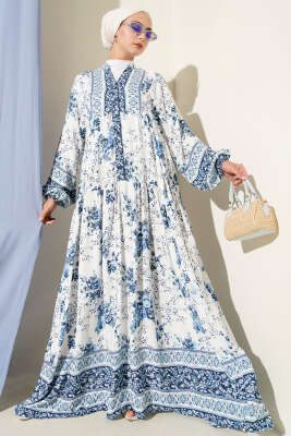 Gül Etnik Desenli Elbise Mavi - BIGDART