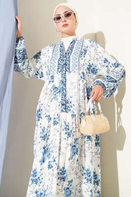 Gül Etnik Desenli Elbise Mavi - Tesettür Elbise