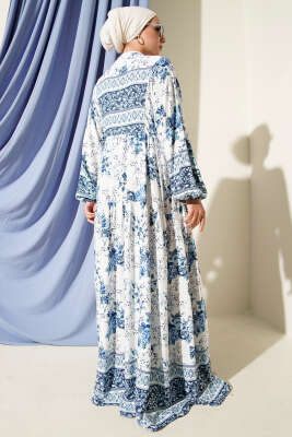 Gül Etnik Desenli Elbise Mavi - Tesettür Elbise