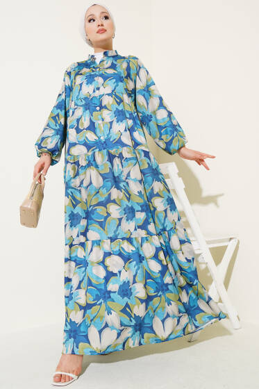 Hakim Yaka Bilek Lastikli Çiçek Desenli Elbise Lacivert - Elbise