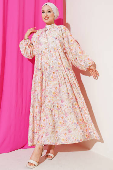 Hakim Yaka Çiçekli Kat Elbise Pembe - Elbise