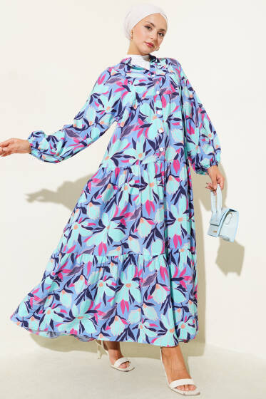 Hakim Yaka Floral Desenli Elbise Mavi - Elbise