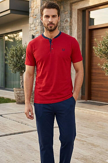 Hakim Yaka Kısa Kol Erkek Pijama Takımı Bordo - Pijama