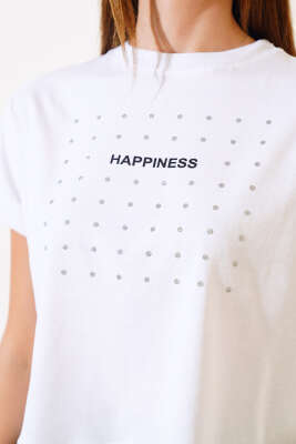 Happınes Pullu T-Shirt Beyaz - Yeni Giyim