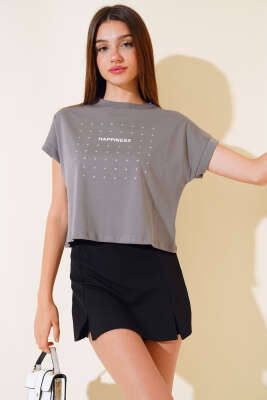 Happınes Pullu T-Shirt Füme - Yeni Giyim