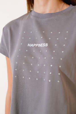 Happınes Pullu T-Shirt Füme - Yeni Giyim