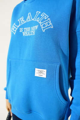 Health Nakışlı Üç İplik Sweatshirt Saks - Kadın Giyim Modelleri