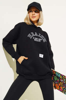 Health Nakışlı Üç İplik Sweatshirt Siyah - Kadın Giyim Modelleri