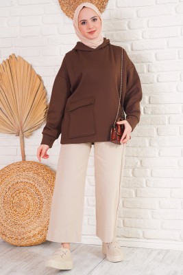 İçi Polarlı Kapüşonlu Kahverengi Sweatshirt - Hırka