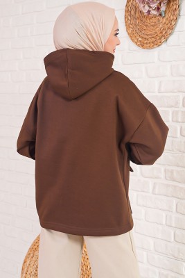 İçi Polarlı Kapüşonlu Kahverengi Sweatshirt - Hırka