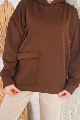 İçi Polarlı Kapüşonlu Kahverengi Sweatshirt - Hırka