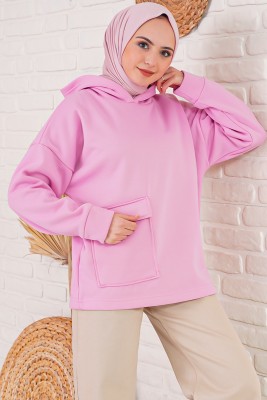 İçi Polarlı Kapüşonlu Pembe Sweatshirt 