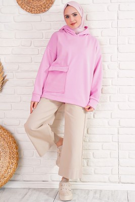 İçi Polarlı Kapüşonlu Pembe Sweatshirt - Hırka