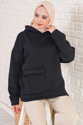 İçi Polarlı Kapüşonlu Siyah Sweatshirt 