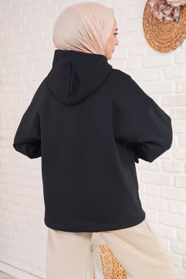 İçi Polarlı Kapüşonlu Siyah Sweatshirt - Hırka
