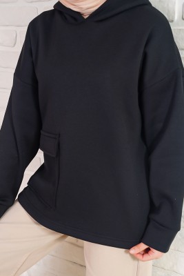 İçi Polarlı Kapüşonlu Siyah Sweatshirt - Hırka