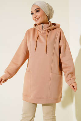 İçi Polarlı Kapüşonlu Tunik Camel - Tunik