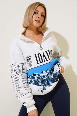 Idaho Baskılı Yaka Fermuarlı Sweatshirt Ekru - CALİENTE