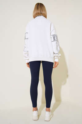 Idaho Baskılı Yaka Fermuarlı Sweatshirt Ekru - Kadın Giyim Modelleri