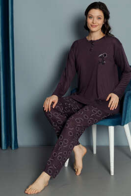 İki Düğmeli Uzun Kol Pijama Takımı Mürdüm - Pijama