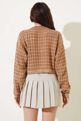 İnce Çizgili Crop Triko Kazak Camel - Yeni Giyim