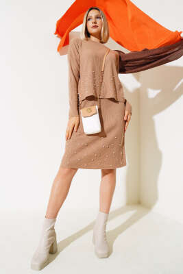 İnci Süslemeli Etekli Triko İkili Takım Büsküvi - PUDRA OFFICIAL