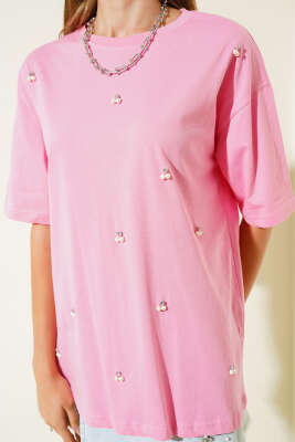 İnci Taşlı T-shirt Pembe - Yeni Giyim