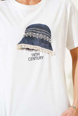 İncili Şapka Nakışlı T-shirt Ekru - Yeni Giyim
