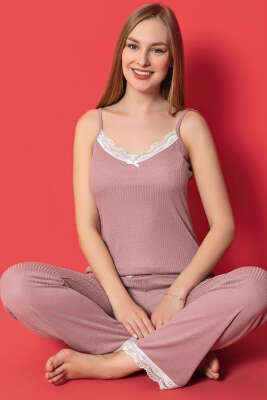 İp Askılı Fitilli Dantelli Pijama Takımı Gül Kurusu 
