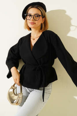  İp Bağcıklı Kaşe Ceket Siyah - Kadın Giyim Modelleri