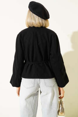  İp Bağcıklı Kaşe Ceket Siyah - Kadın Giyim Modelleri
