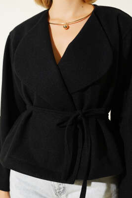  İp Bağcıklı Kaşe Ceket Siyah - Kadın Giyim Modelleri
