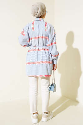 İp Bağlamalı Desenli Çizgili Gömlek Mavi - Gömlek