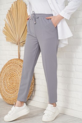 İp Detaylı Beli Lastikli Dar Paça Gri Pantolon 