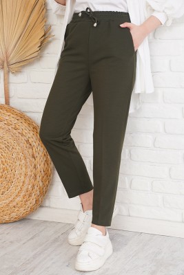İp Detaylı Beli Lastikli Dar Paça Haki Pantolon 