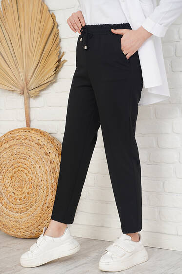 İp Detaylı Beli Lastikli Dar Paça Siyah Pantolon - Pantolon