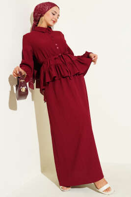 İp Kuşaklı Ağaç Kabuğu Etekli İkili Takım Bordo 