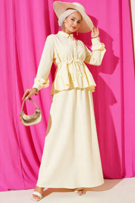 İp Kuşaklı Ağaç Kabuğu Etekli İkili Takım Sarı