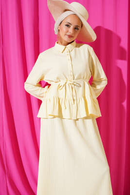 İp Kuşaklı Ağaç Kabuğu Etekli İkili Takım Sarı - İkili Takım