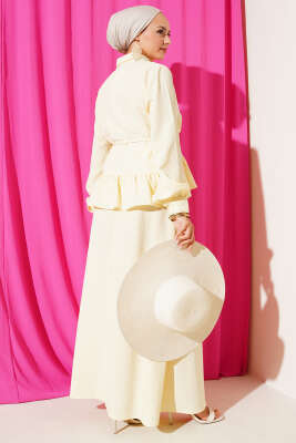 İp Kuşaklı Ağaç Kabuğu Etekli İkili Takım Sarı - İkili Takım