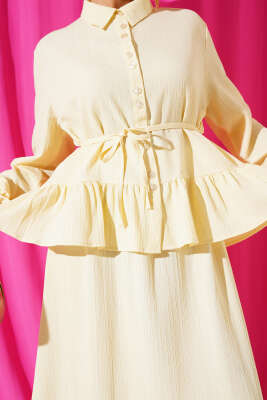 İp Kuşaklı Ağaç Kabuğu Etekli İkili Takım Sarı - İkili Takım