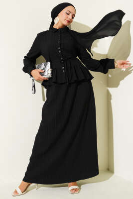 İp Kuşaklı Ağaç Kabuğu Etekli İkili Takım Siyah 