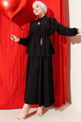 İp Kuşaklı Etekli Tensel İkili Takım Siyah