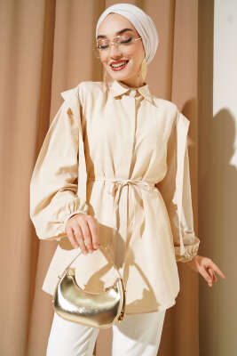 İp Kuşaklı Omuz Pelerinli Gömlek Bej 