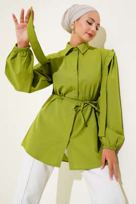İp Kuşaklı Omuz Pelerinli Gömlek Fıstık Yeşili 