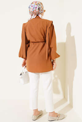 İp Kuşaklı Omuz Pelerinli Gömlek Taba - Gömlek